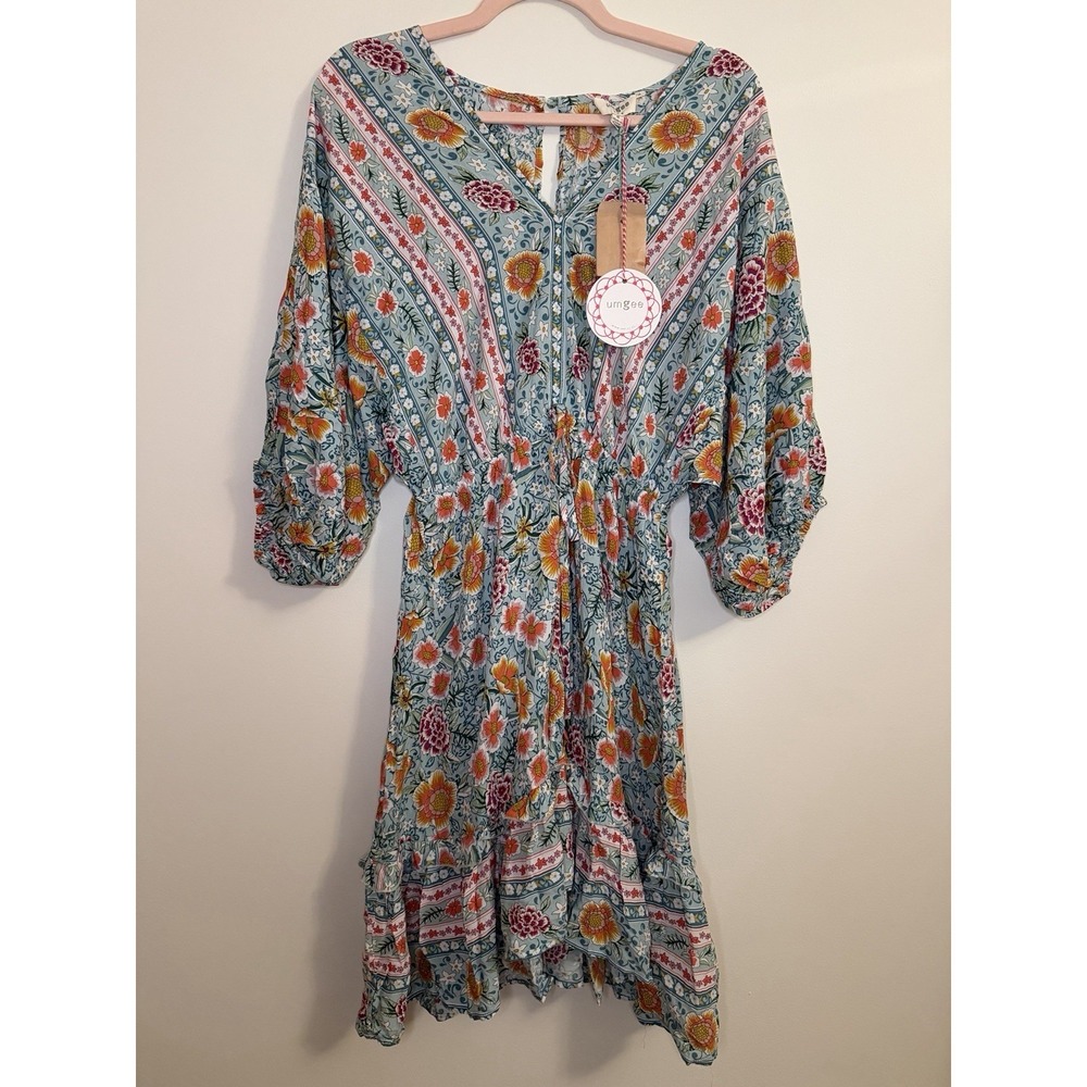 NWT Umgee Boho Floral Mixed Print Midi Dress Rayon Blue Medium